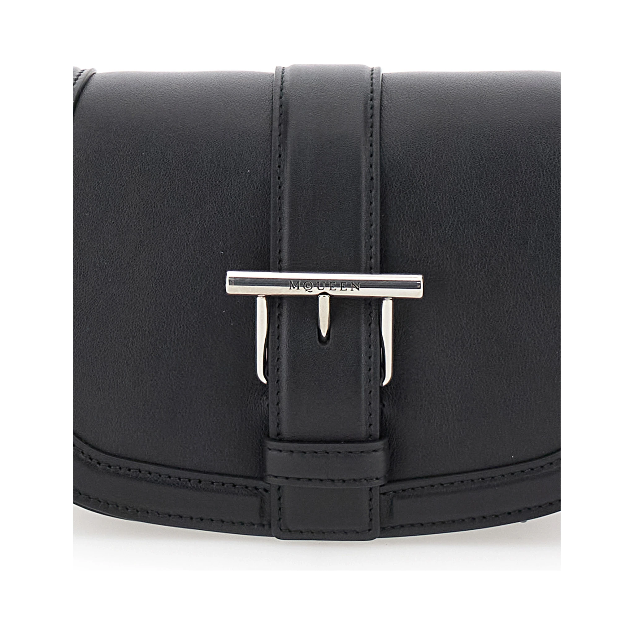 Satchel Mini Black Crossbody Bag with T-Buckle and Embossed Logo in Leather Woman