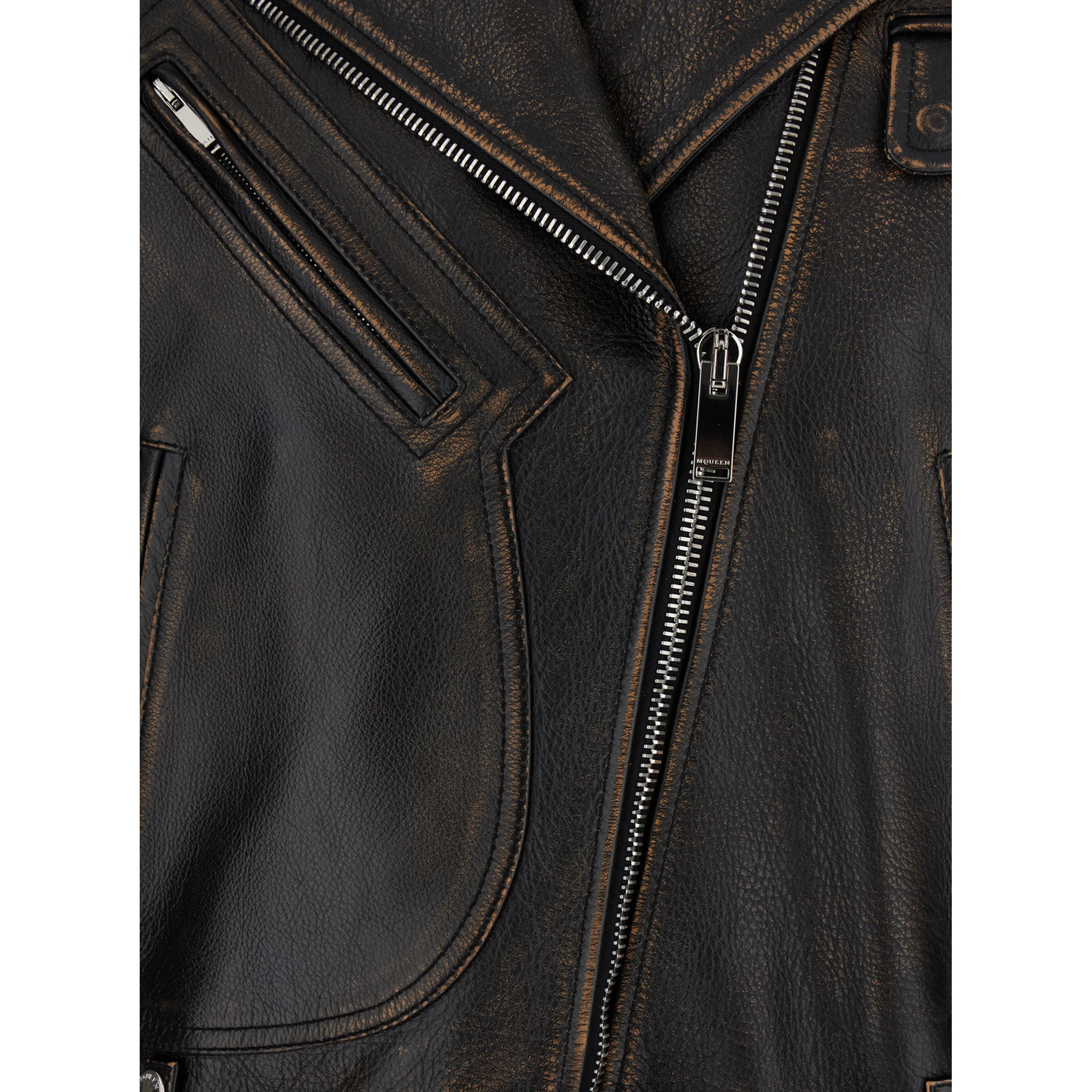 Antiqued Brown Biker Jacket with Wide Classic Lapels and Decentralized Zip Closure in Leather Woman
