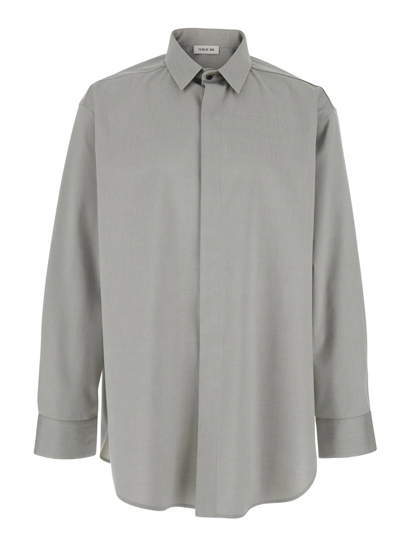 Grey Shirt with Classic Collar and Logo Patch on the Rear in Cotton and Wool Blend Man