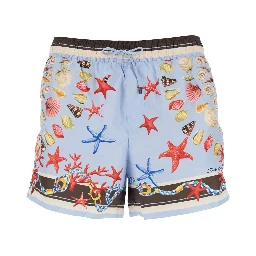 Light Blue Swim Shorts with Drawstring Elastic Waist and All-Over Print in Tech Fabric Man