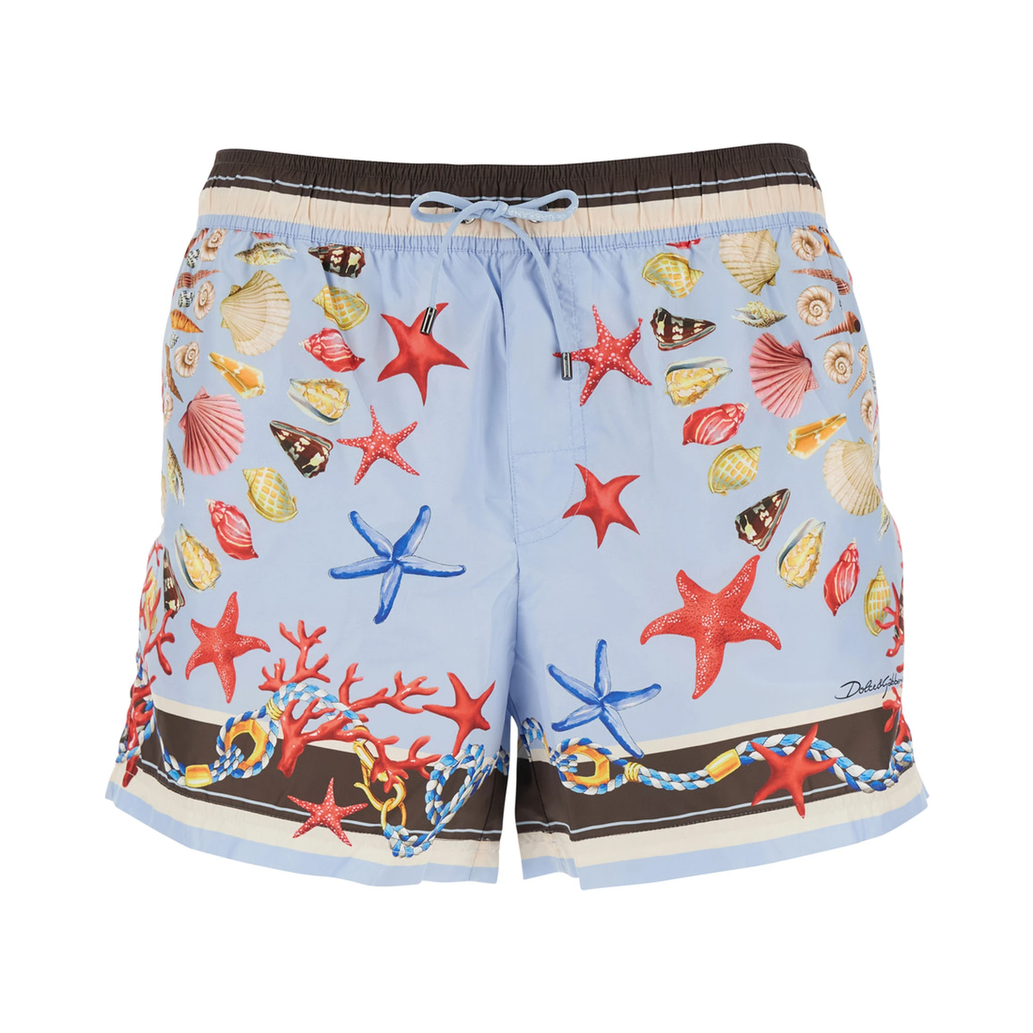 Light Blue Swim Shorts with Drawstring Elastic Waist and All-Over Print in Tech Fabric Man