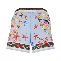 Light Blue Swim Shorts with Drawstring Elastic Waist and All-Over Print in Tech Fabric Man