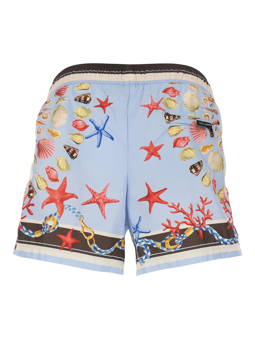 Light Blue Swim Shorts with Drawstring Elastic Waist and All-Over Print in Tech Fabric Man