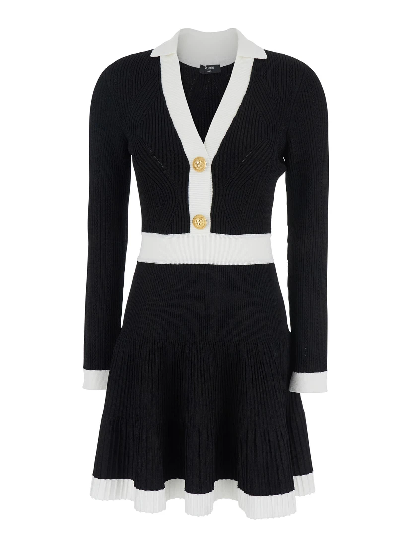 Black Dress with V Neck and Flared Skirt in Viscose Blend Woman