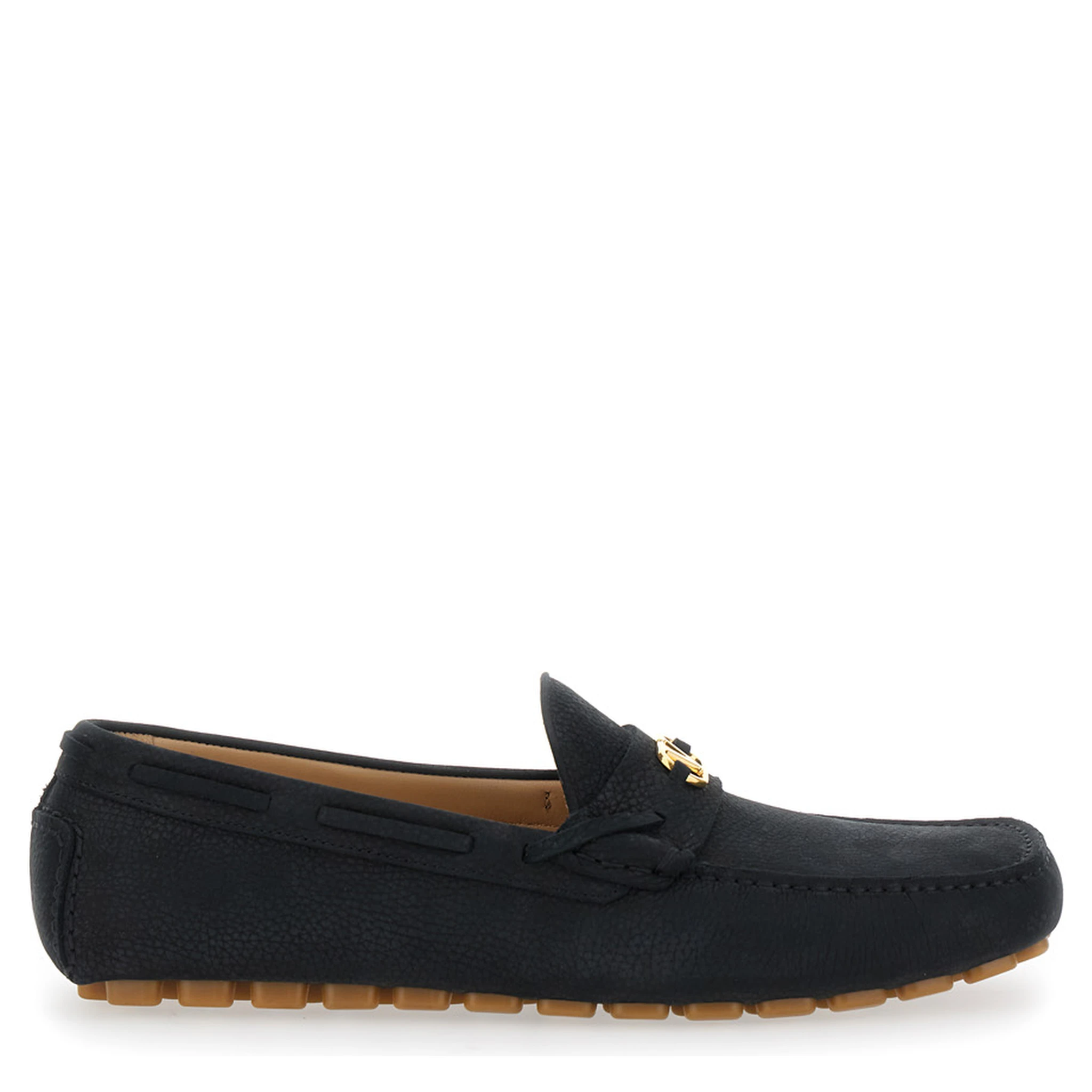 Black Loafers with Round Toe and VLogo Plaque in Suede Man