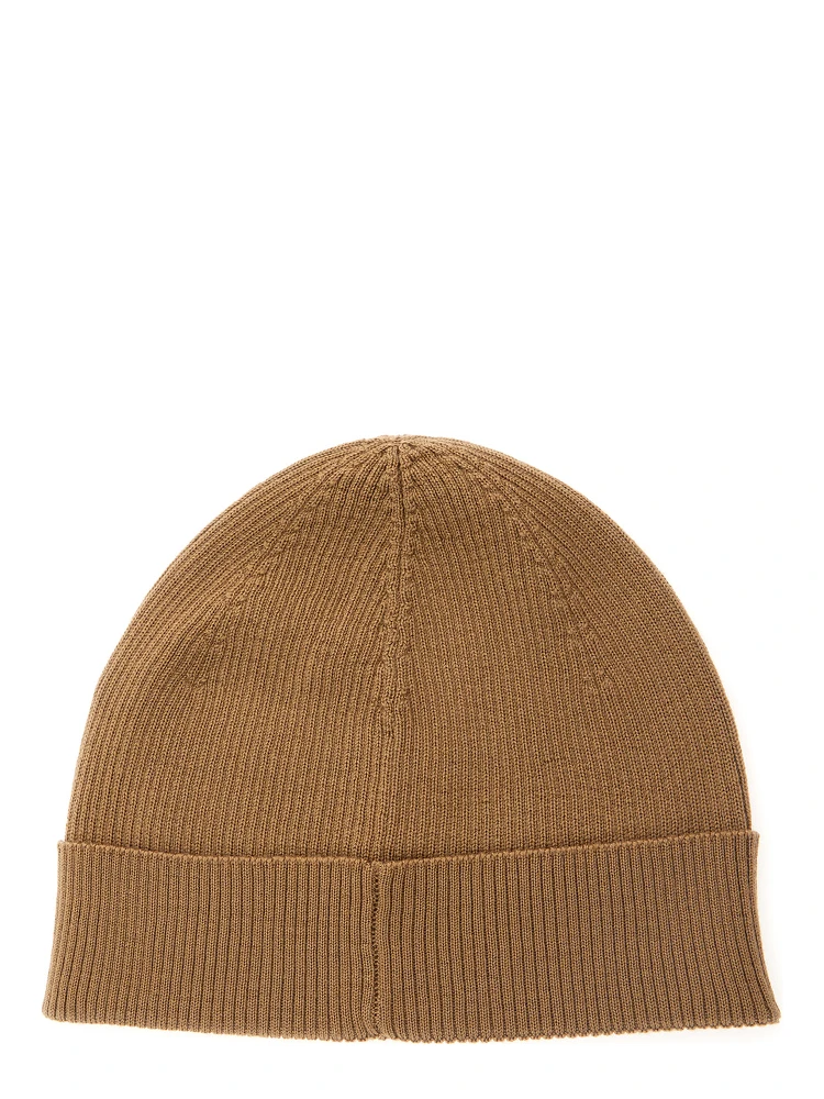 Beige Knit Beanie with Logo Patch on the Front in Wool Woman alternative