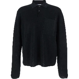 Black Polo Shirt with Tone-on-Tone Logo on Front in Cotton Knit Man