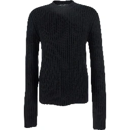 Black Ribbed Knit Crewneck Sweater with Logo Patch on the Rear in Wool Man