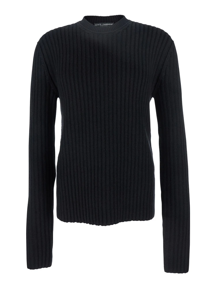 Black Ribbed Knit Crewneck Sweater with Logo Patch on the Rear in Wool Man