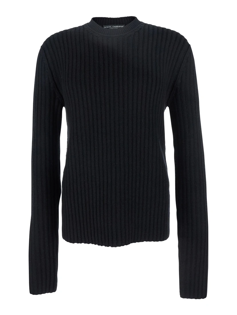 Black Ribbed Knit Crewneck Sweater with Logo Patch on the Rear in Wool Man