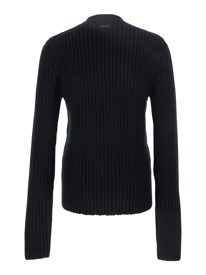Black Ribbed Knit Crewneck Sweater with Logo Patch on the Rear in Wool Man