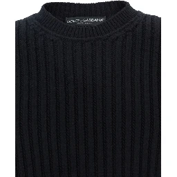 Black Ribbed Knit Crewneck Sweater with Logo Patch on the Rear in Wool Man