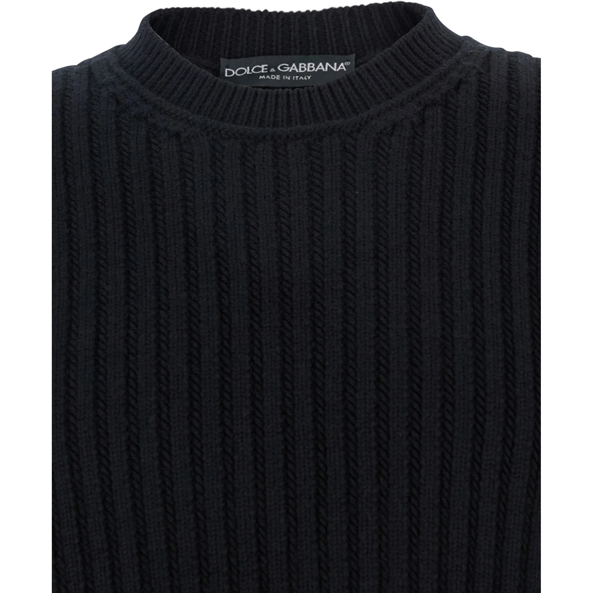 Black Ribbed Knit Crewneck Sweater with Logo Patch on the Rear in Wool Man