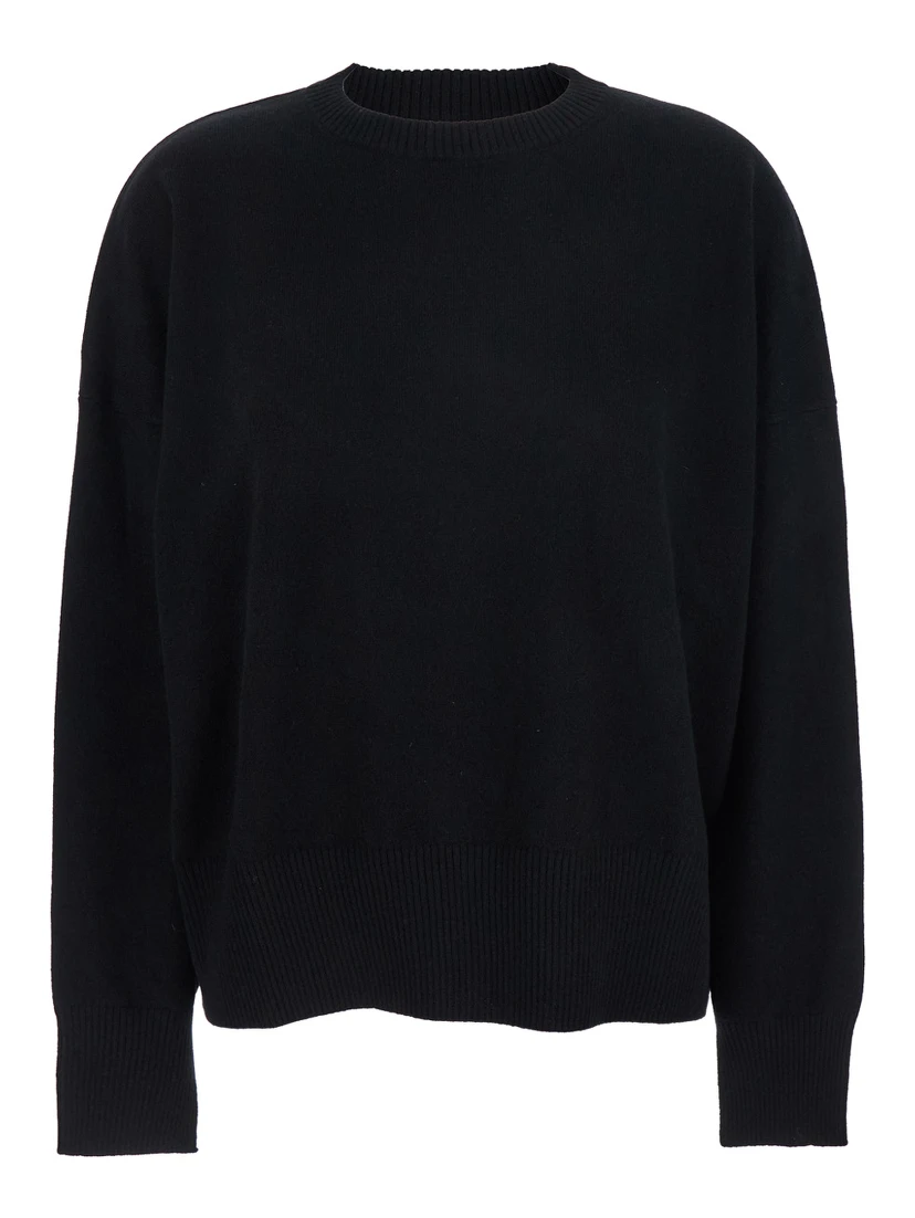 Black Crewneck Sweater with Ribbed Trims in Cashmere Woman