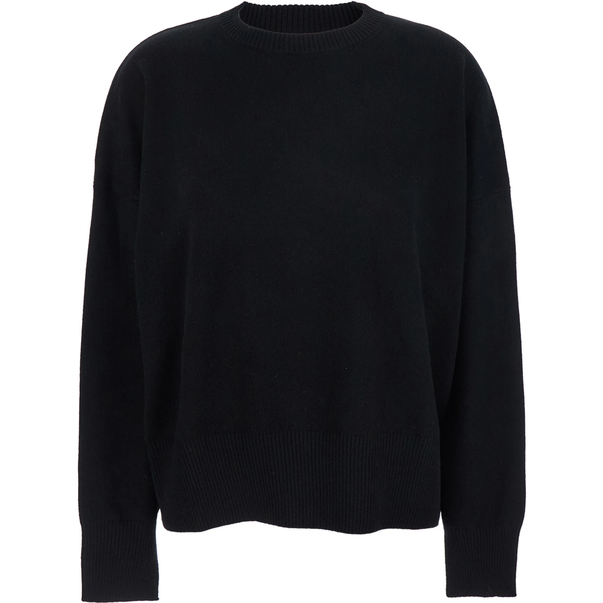 Black Crewneck Sweater with Ribbed Trims in Cashmere Woman