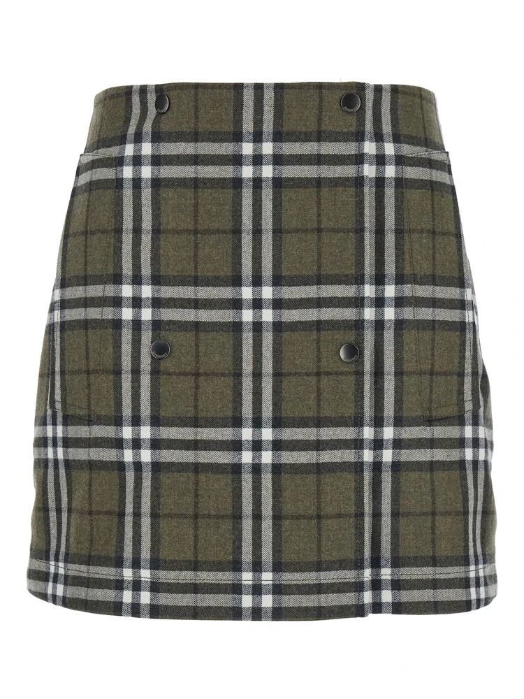 Green Skirt with All-Over Check Motif and Side Pockets in Virgin Wool Woman