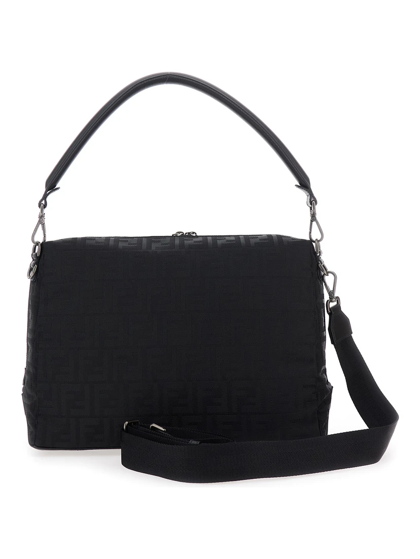 Lui Large Black Shoulder Bag with All-Over FF Motif in Tech Fabric Man