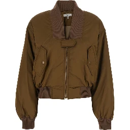 Brown Bomber Jacket with V Neck and Front Zip Closure in Tech Fabric Woman