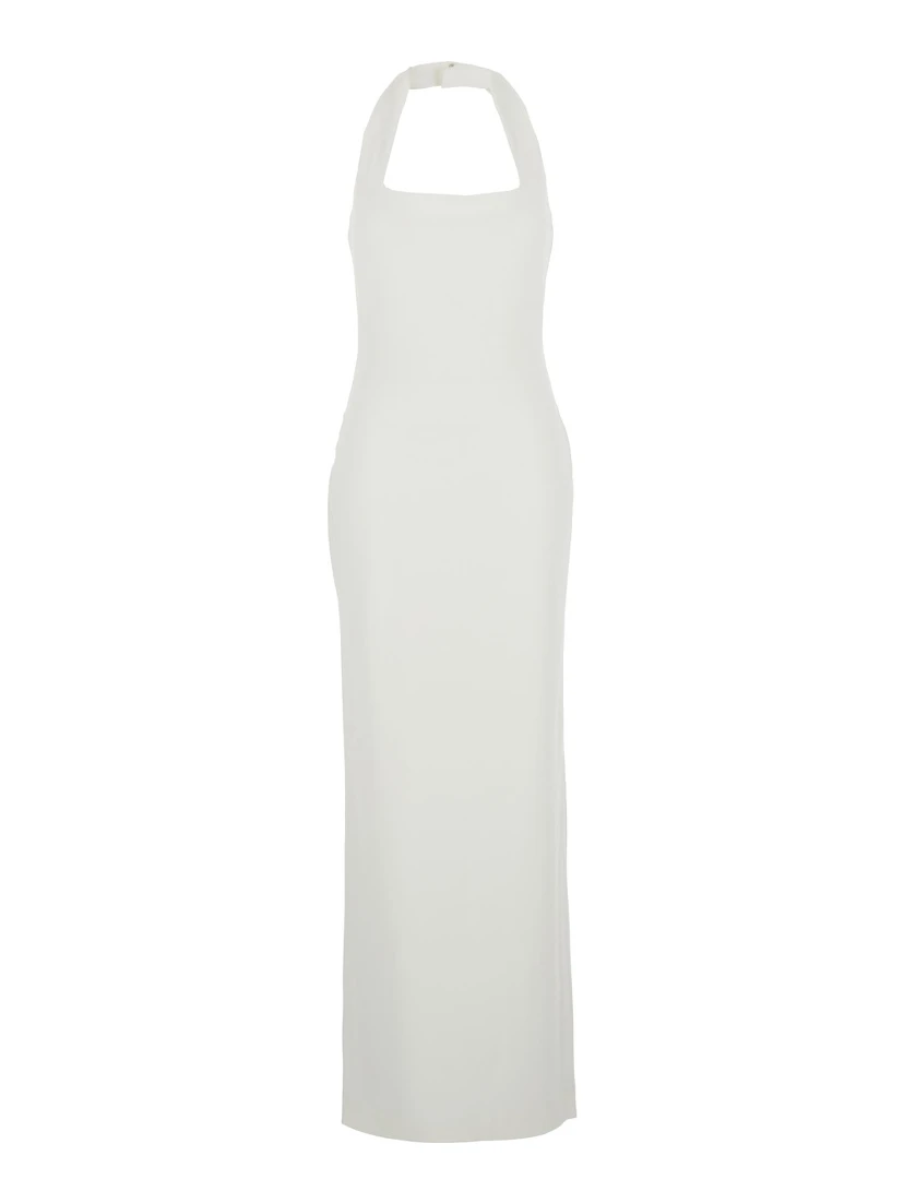 Ilona White Long Dress with Square Neckline in Twill Woman