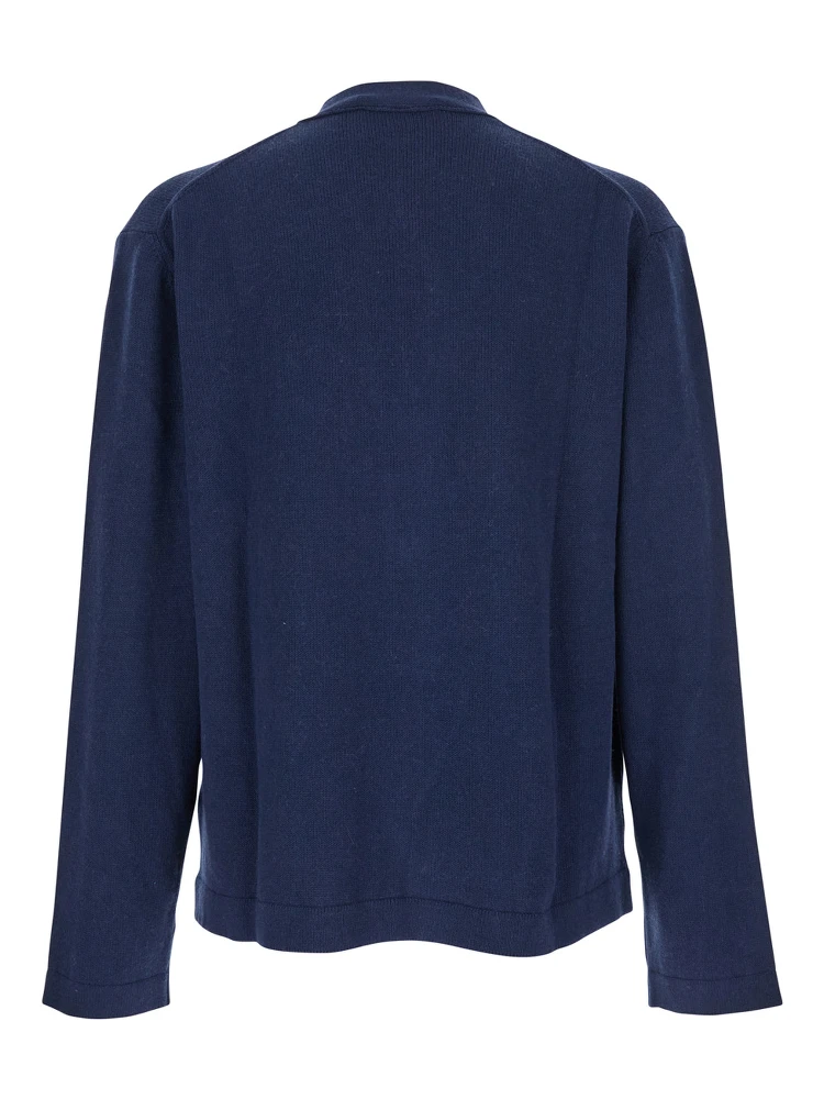 Blue V-Neck Cardigan with Orb Decoration on the Front in Cotton Man