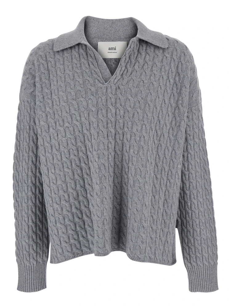 Grey Polo Shirt with Woven Design in Wool Man