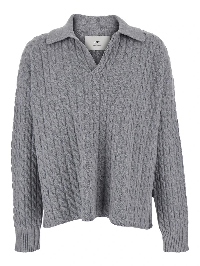 Grey Polo Shirt with Woven Design in Wool Man