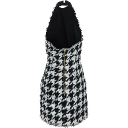 Black and White Halterneck Mini Dress with Houndstooth Motif in Tweed and Satin Woman