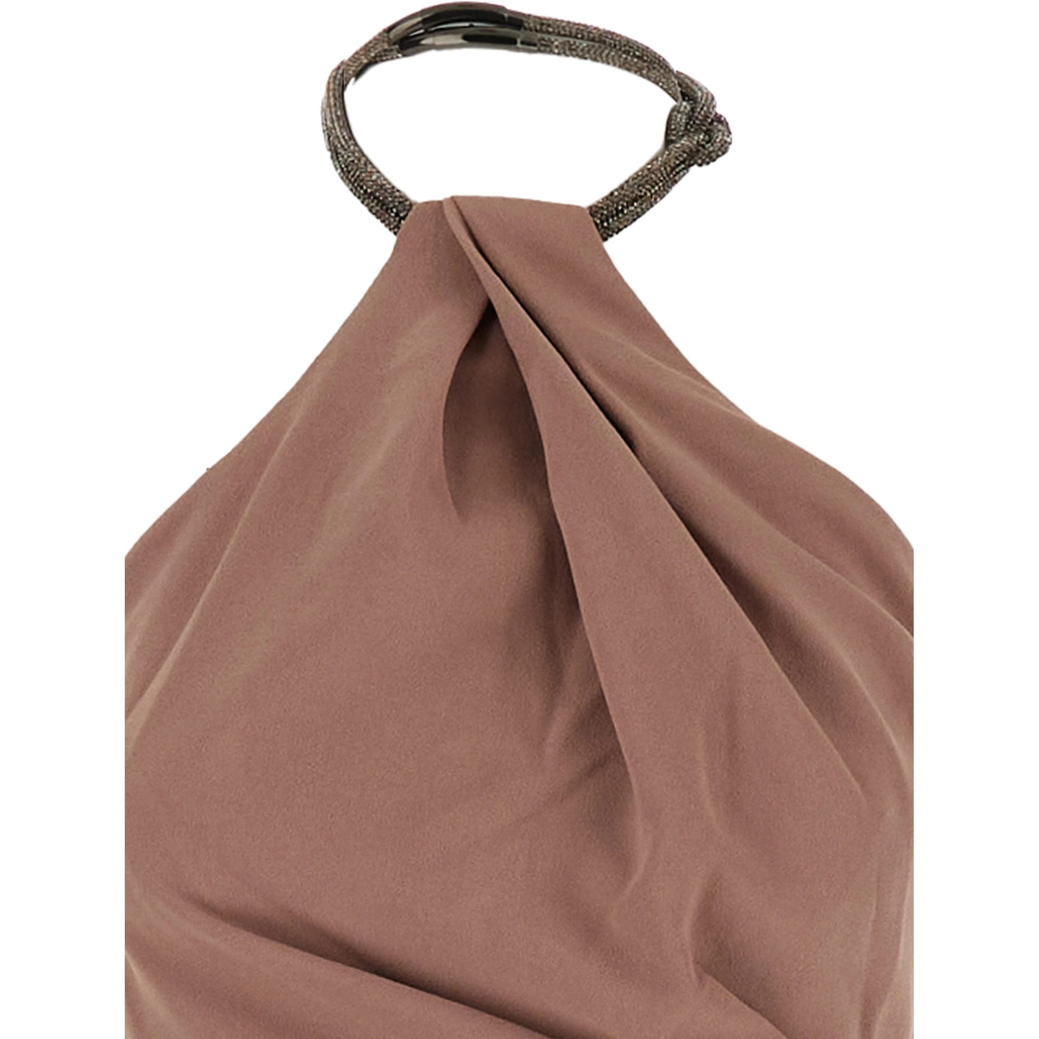 Riva Brown Long Dress with Rhinestone-Embellished Neckline and Drape Details in Twill Woman