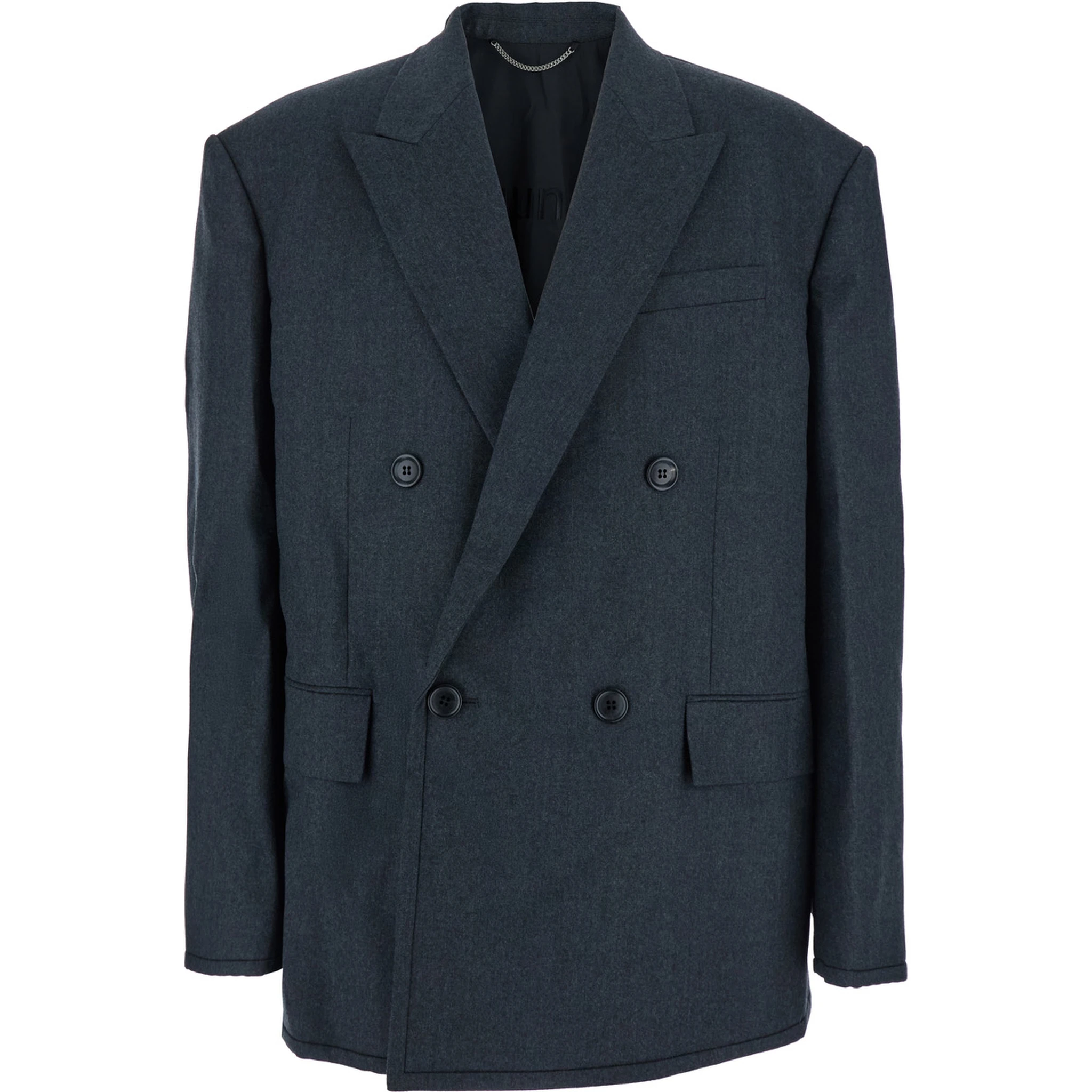 Grey Double-breasted Jacket with Peaked Revers and Patch Pockets on Front in Wool Man