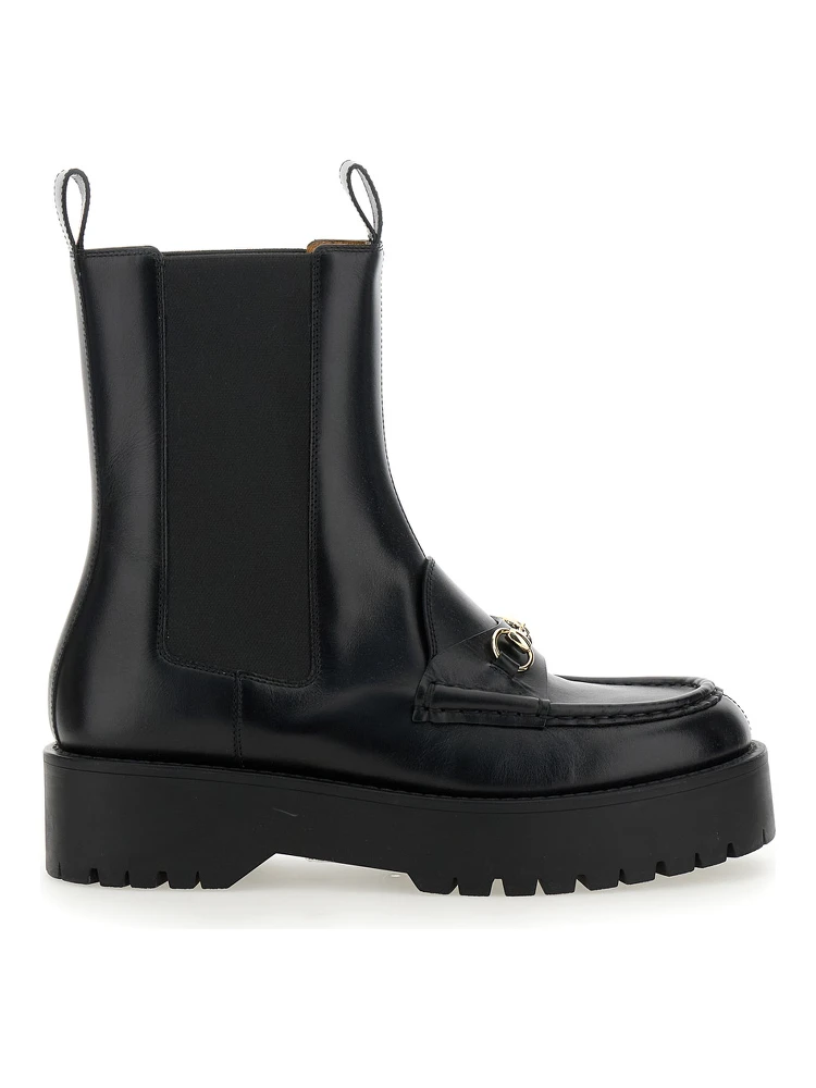 Black Ankle Boots with Horsebit and Lug Sole in Leather Woman