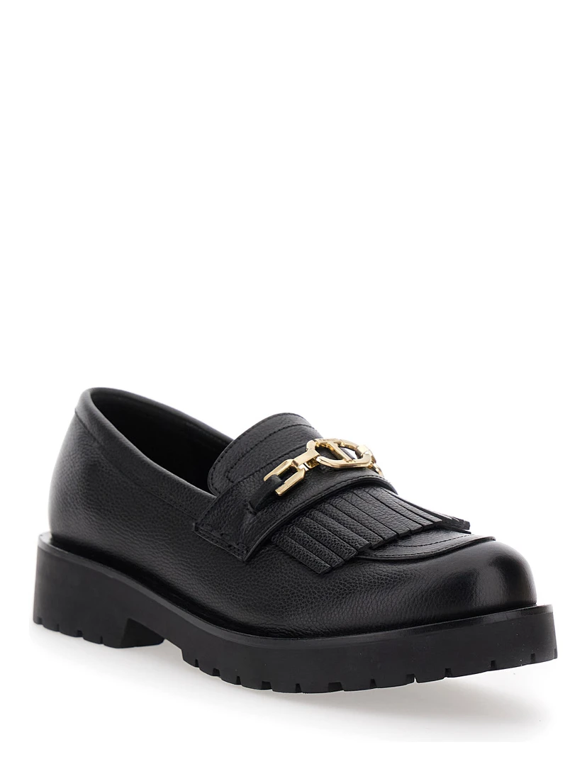 Black Loafers with Platform and Metallic Logo in Leather Woman