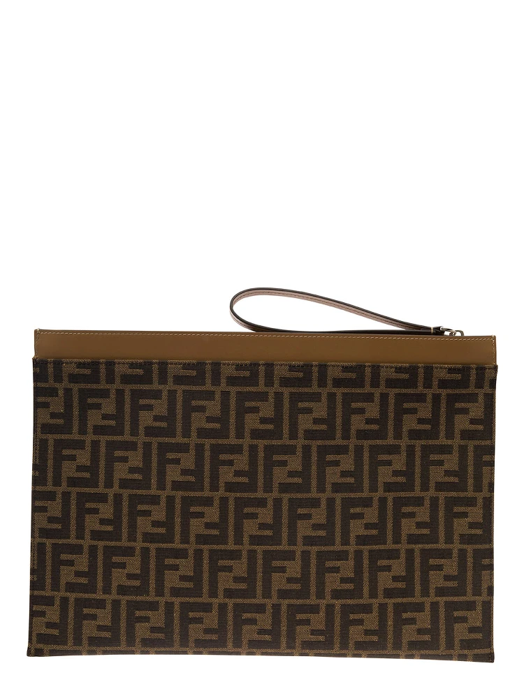 Large FF Brown Flat Pouch with Jacquard Motif in Cotton Blend Man alternative