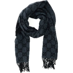 Grey Scarf with Fringed Hem and GG Motif Jacquard in Cashmere Man
