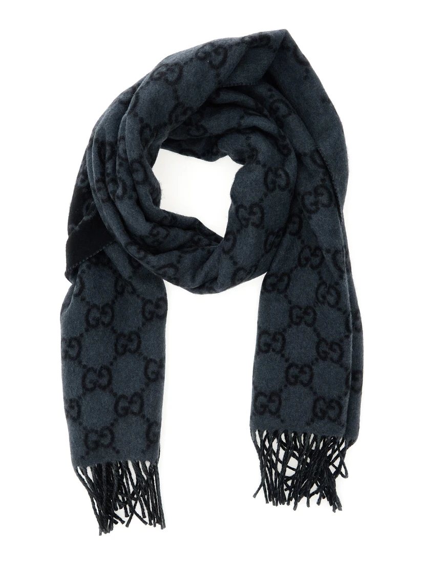 Grey Scarf with Fringed Hem and GG Motif Jacquard in Cashmere Man