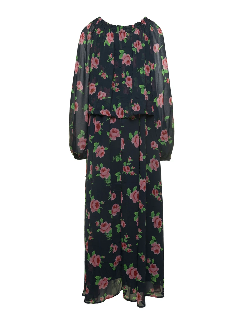 Maxi Multicolor Dress with All-Over Roses Print in Chiffon Woman