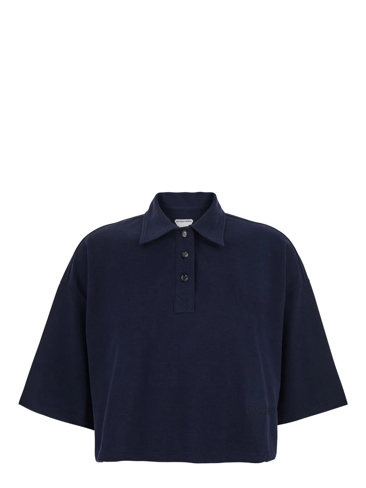 Blue Cropped Polo Shirt with Embroidered Logo in Cotton Piquet Woman