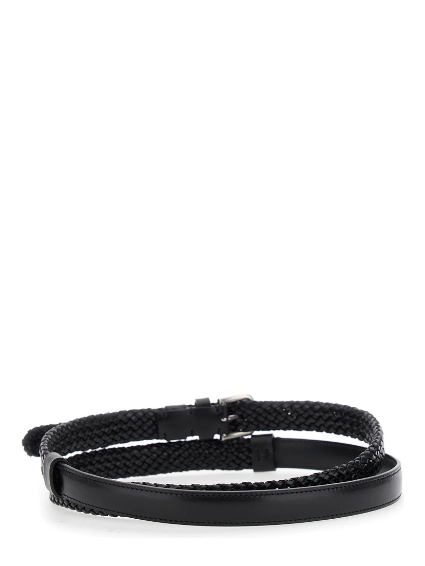 Black Belt with Buckle Closure and Interwoven Design in Leather Man