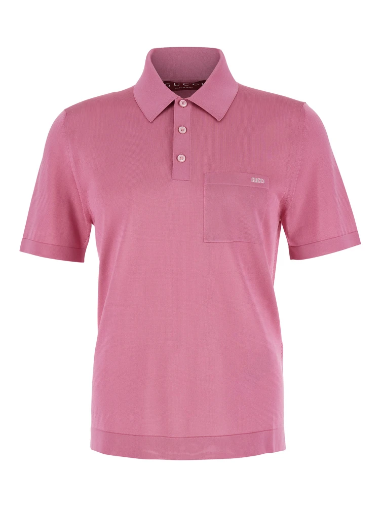 Pink Polo Shirt with Chest Pocket and Embroidered Logo on the Front in Fine Silk Knit Man