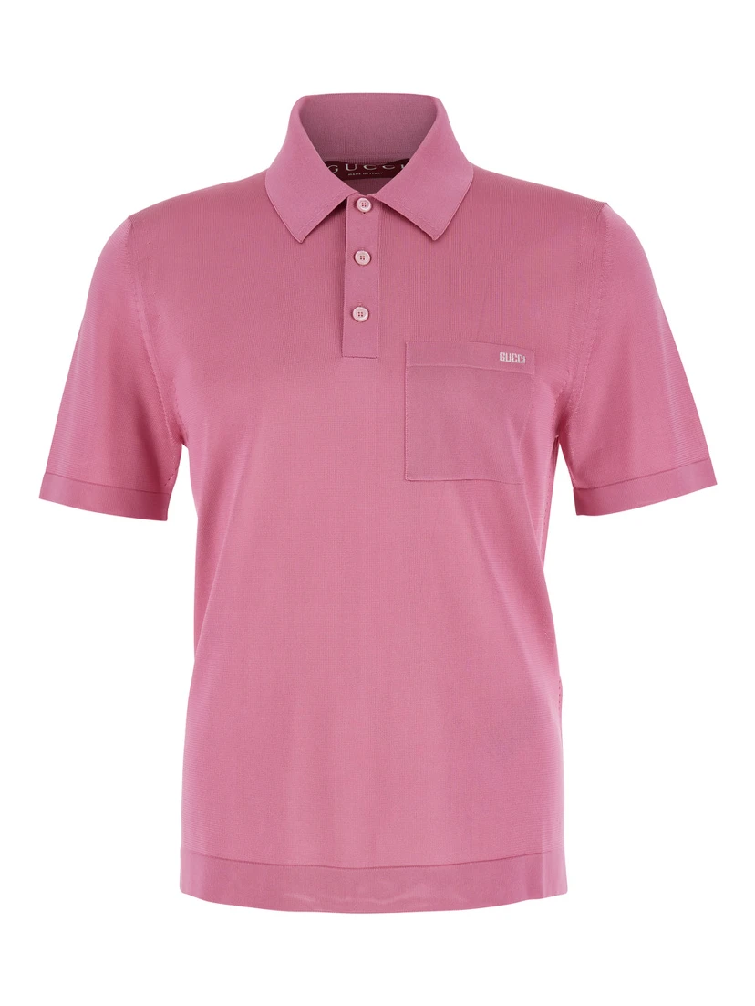 Pink Polo Shirt with Chest Pocket and Embroidered Logo on the Front in Fine Silk Knit Man