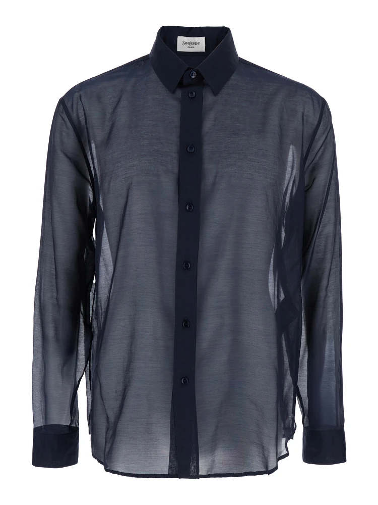 Blue Shirt with Classic Collar and Contrasting Details in Cotton and SIlk Man