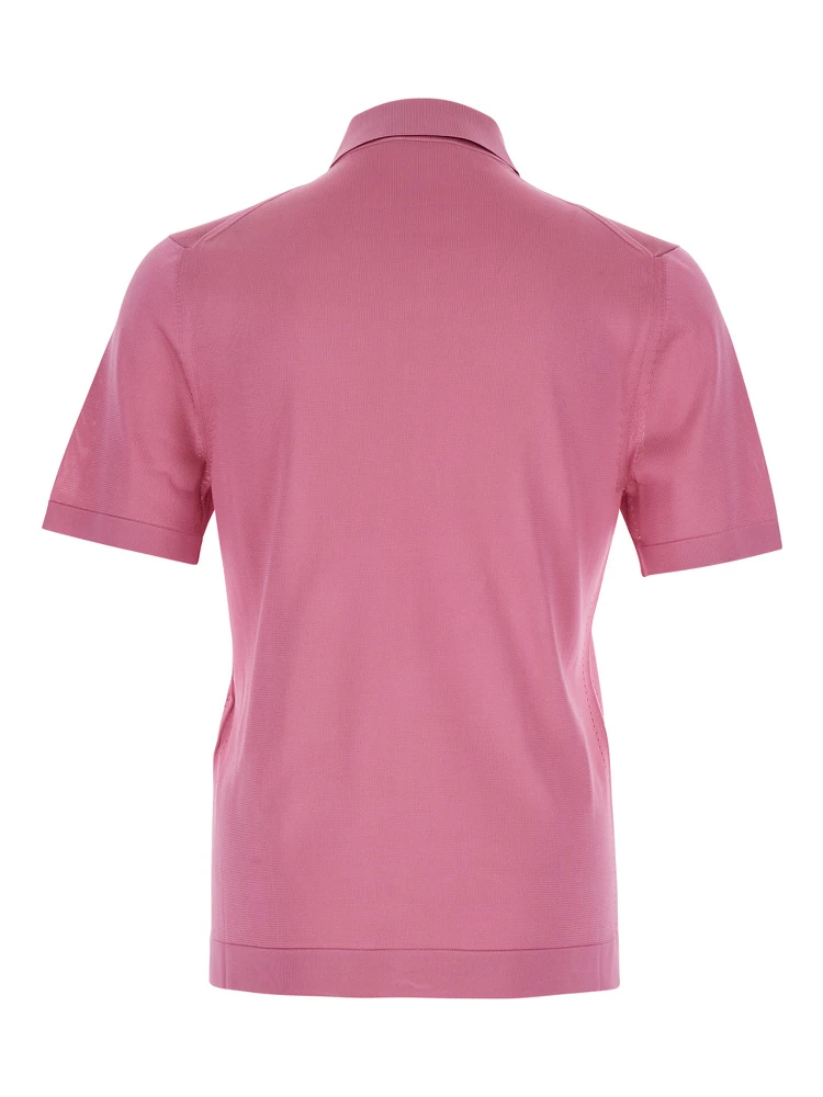 Pink Polo Shirt with Chest Pocket and Embroidered Logo on the Front in Fine Silk Knit Man alternative