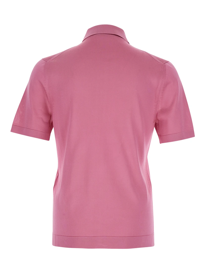Pink Polo Shirt with Chest Pocket and Embroidered Logo on the Front in Fine Silk Knit Man