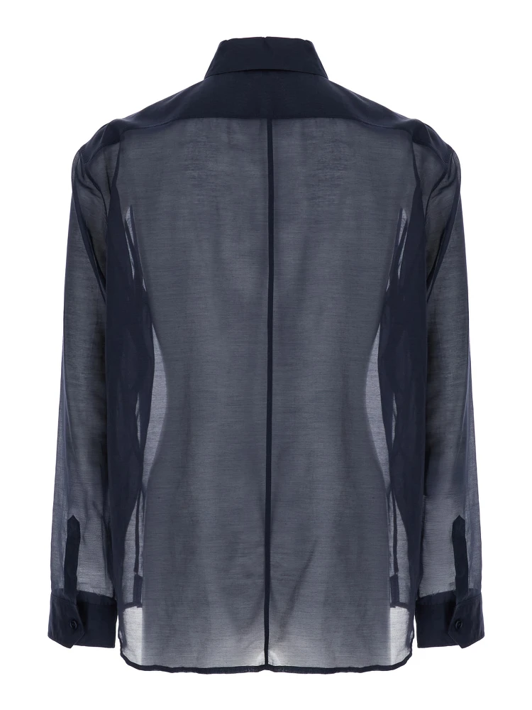 Blue Shirt with Classic Collar and Contrasting Details in Cotton and SIlk Man alternative