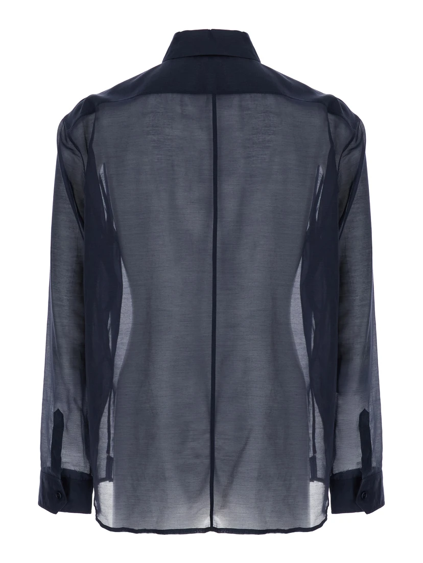 Blue Shirt with Classic Collar and Contrasting Details in Cotton and SIlk Man