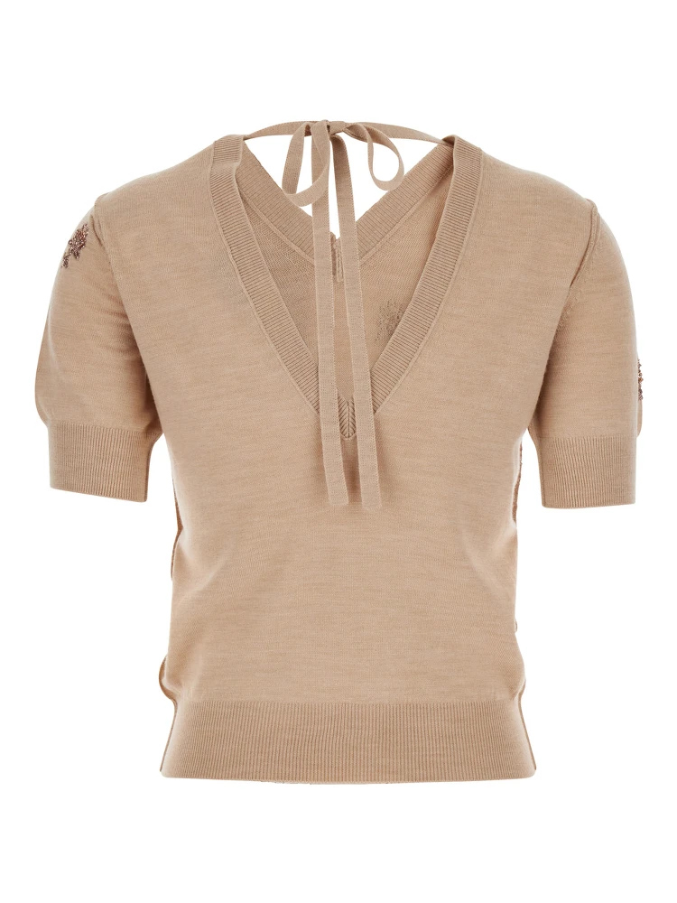 Pink T-Shirt with V Neck on Front and Rear and Floral Embroidery on the Front in Wool Woman alternative