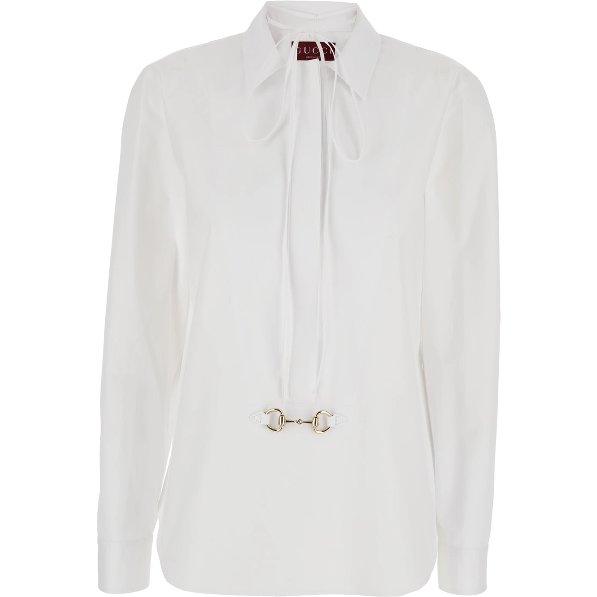 White Shirt with Pointed Collar with Tie Detail and Horsebit in Cotton Woman