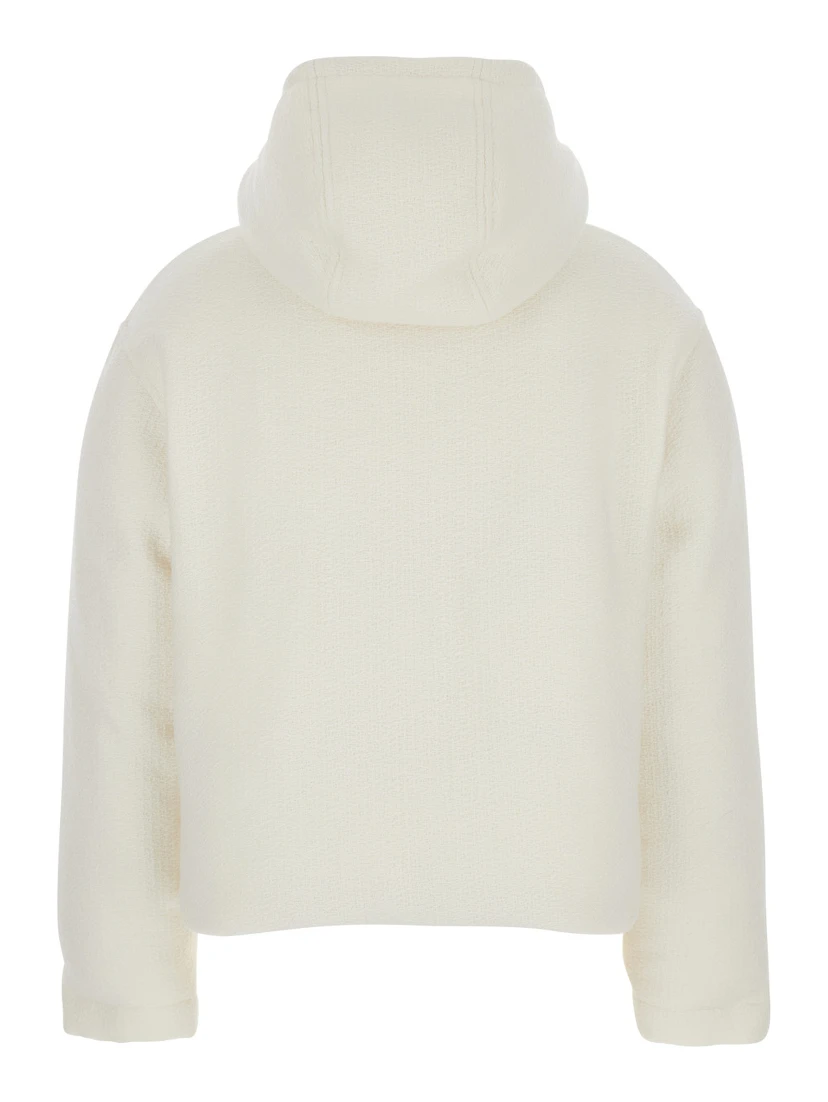 White Wool Bomber Jacket with Fixed Hood and Logo Lettering on the Front
