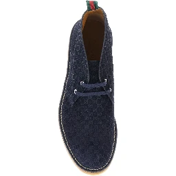 Blue Ankle Boots with Web Detail on the Heel and Low Heel in GG Suede Man