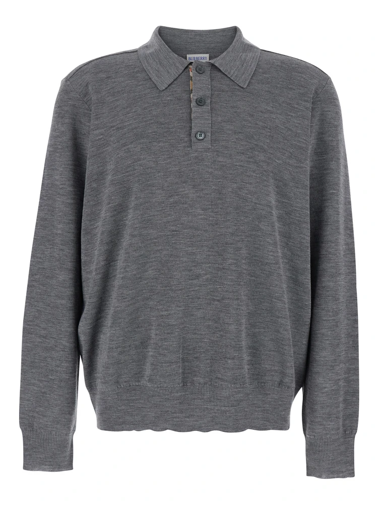 Grey Polo Shirt with Classic Collar and Check Motif on the Collar in Wool Man