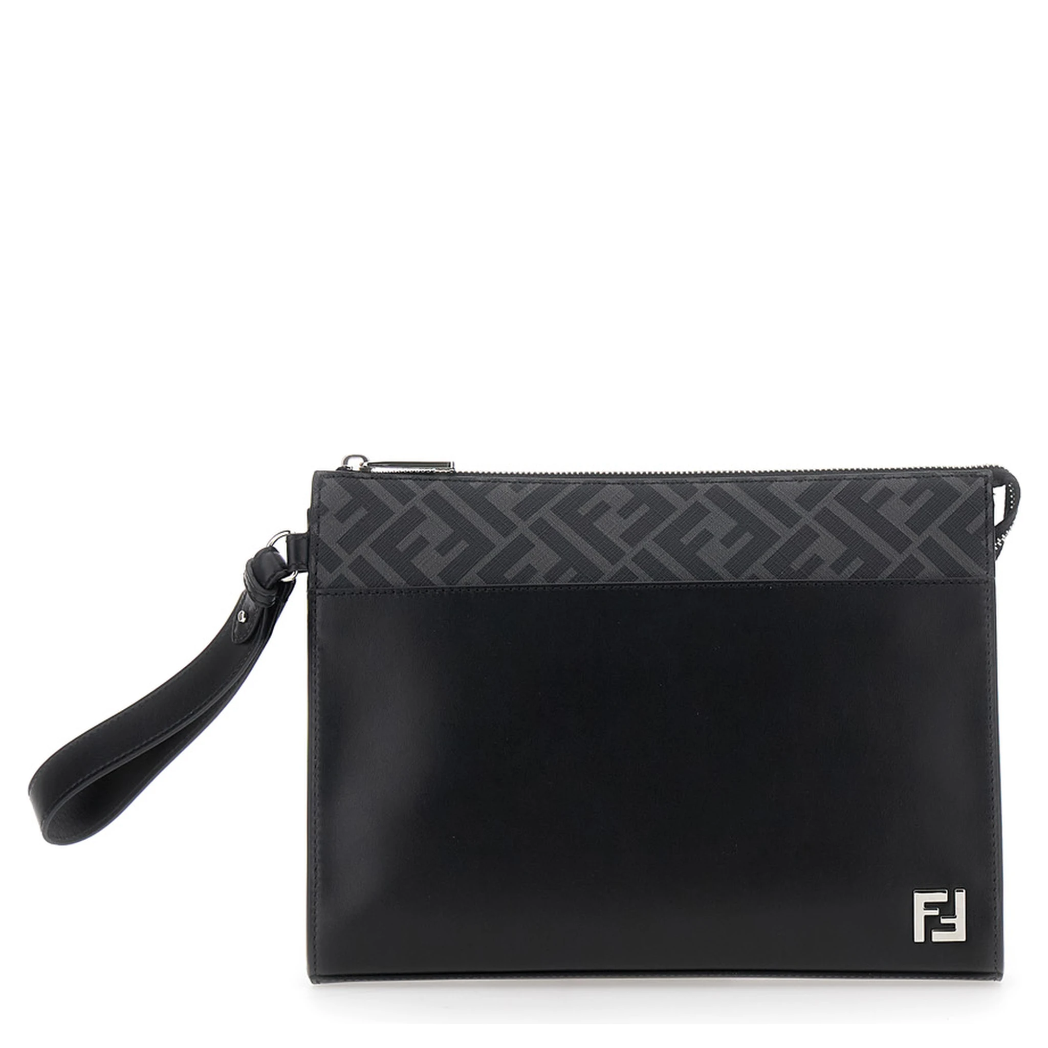 حقيبة يد سوداء من الجلد الرجالي مزينة بشعار FF ولوحة تحمل شعار FF
